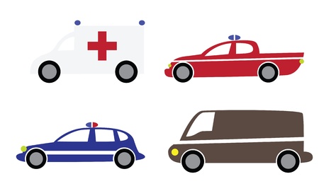 Colorful various cartoon cars isolated on white background. Part 3 - police, ambulance, firefughters.のイラスト素材