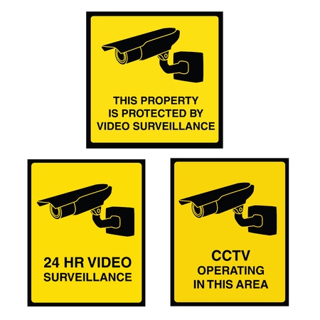 Video surveillance sign with yellow background and black camera. Property is protected by video surveillance.のイラスト素材