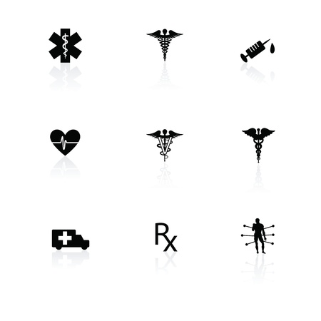 Medical icons black on white with reflections.のイラスト素材