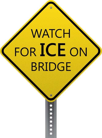 Watch for ice on bridge traffic warning sign. Diamond-shaped traffic signs warn drivers of upcoming road conditions and hazards.のイラスト素材