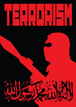 Terrorism poster black and red showing a masked man with rocket launcher.のイラスト素材