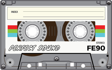 Retro plastic audio cassette, music cassette, cassette tape. Isolated on white background. Realistic illustration of old technology. Vintage tape.のイラスト素材