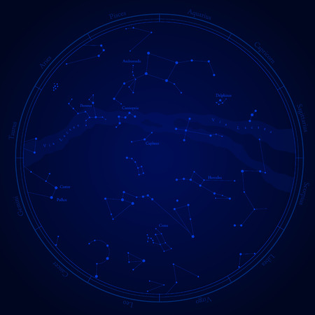 Zodiac star map with constellations, isolated on white. Milky way and stars.のイラスト素材