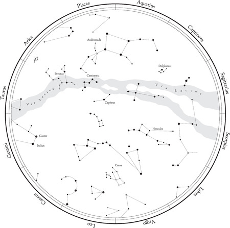 Zodiac star map with constellations, isolated on white. Milky way and stars.のイラスト素材