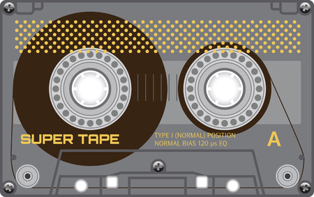 Retro plastic audio cassette, music cassette, cassette tape. Isolated on white background. Realistic illustration of old technology. Vintage tape.のイラスト素材