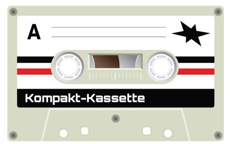 Retro plastic audio cassette, music cassette, cassette tape. Signage in German language meaning Compact Cassette. Isolated on white background. Realistic illustration of old technology. Vintage tape.のイラスト素材