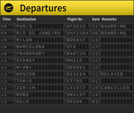 Airport timetable showing departure destinations. Worldwide destinations shown, including Zurich, Moscow, London, Sydney and others. Very detailed illustration of airport timetable.のイラスト素材