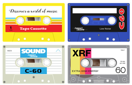 Early seventies cassette tapes. Detailed illustration of retro sound records. Analogue technology of sound recording and mixing. Used in cassette players.のイラスト素材