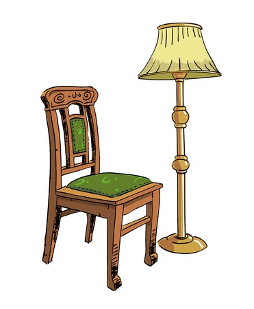 Cartoon image of lamp and old chair. An artistic freehand picture.のイラスト素材