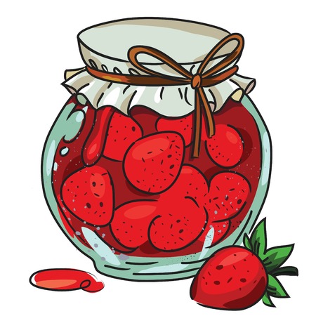 Cartoon image of jar of strawberry jam. An artistic freehand picture.のイラスト素材