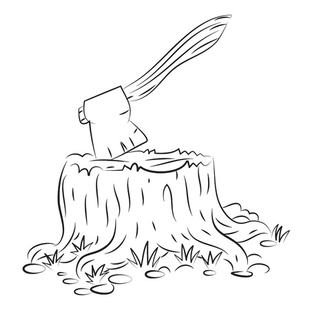 Cartoon image of tree stump and axe. An artistic freehand picture.のイラスト素材