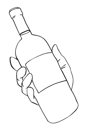Cartoon image of hand holding bottle of wine. An artistic freehand picture.のイラスト素材