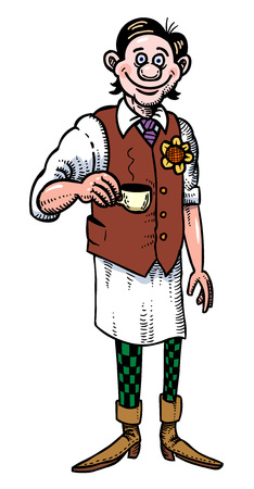 Cartoon image of barista serving coffee. An artistic freehand picture.のイラスト素材