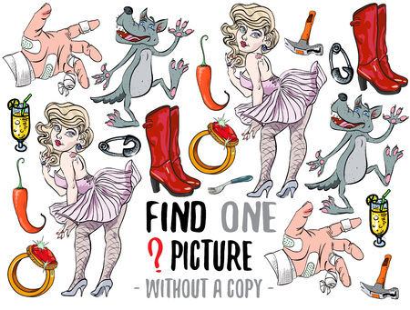 Find one picture without a copy. Educational game for children with cartoon characters.のイラスト素材