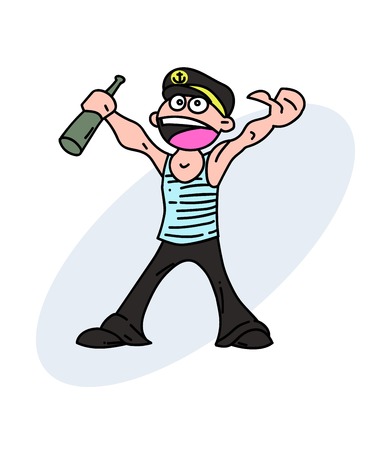 Drunk sailor cartoon hand drawn image. Original colorful artwork, comic childish style drawing.のイラスト素材
