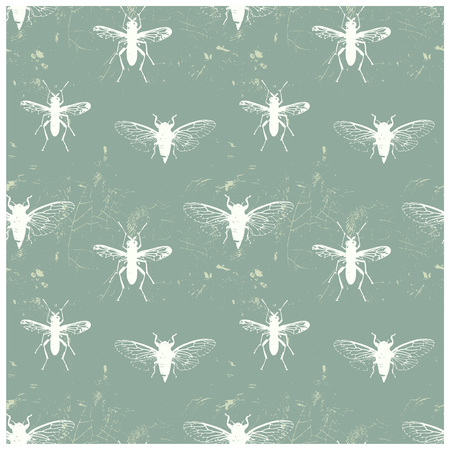 Insect world vintage worn out seamless pattern for web, textile and print. Grunge effect, worn out style, retro pattern with flies, butterflies and mosquitos.のイラスト素材