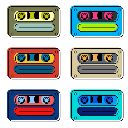 Vintage cassette colour tapes illustration, isolated on white set.のイラスト素材