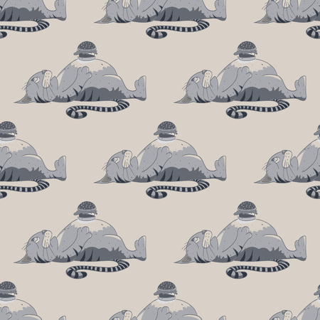Fat cat with burger seamless pattern. Cartoon style pattern design.のイラスト素材