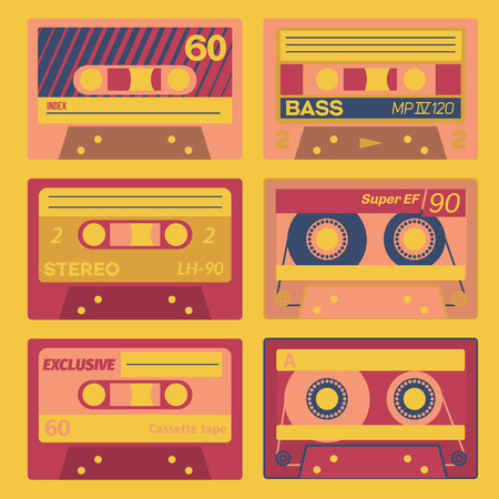 Vintage cassette set. Retro audio cassettes in color.のイラスト素材