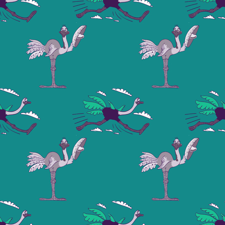 Funny ostrich seamless pattern, cartoon characters quirky background.のイラスト素材