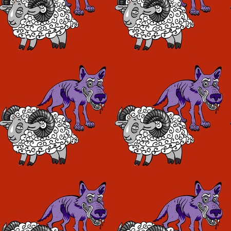 sheep and wolves seamless pattern, cartoon characters quirky background.のイラスト素材