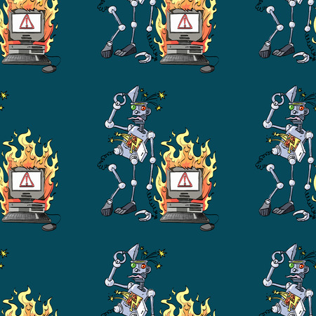 broken robot and broken computer seamless pattern, cartoon characters quirky background.のイラスト素材