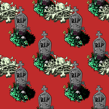 spooky graveyard seamless pattern, cartoon characters quirky background.のイラスト素材
