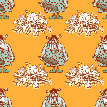 barbaric ancient woman and skeleton bones seamless pattern, cartoon characters quirky background.のイラスト素材