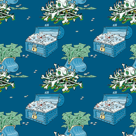 treasure chest, skull, bones, bag of money seamless pattern, cartoon characters quirky background.のイラスト素材