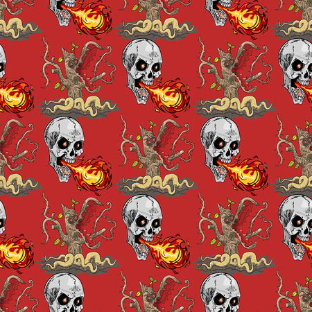 Wild predator tree and skull breathing fire seamless pattern, cartoon characters quirky background.のイラスト素材