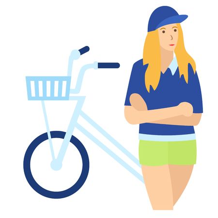 woman with bicycle flat illustration on white. Lifestyle and fashion series.のイラスト素材
