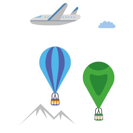 Hot air balloons with plane simple illustration on white background. Fantasy world decorative series.のイラスト素材