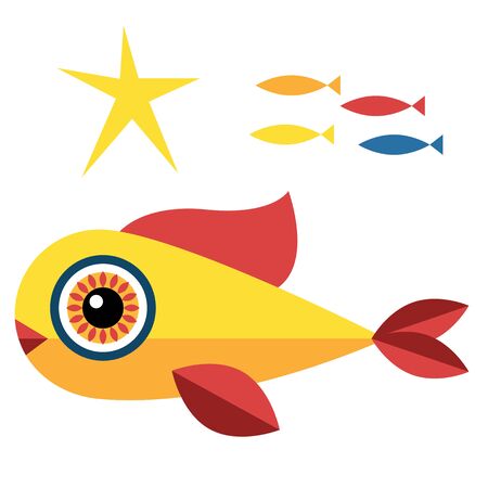 Yellow fish illustration on white background. Underwater life geometric style series.のイラスト素材