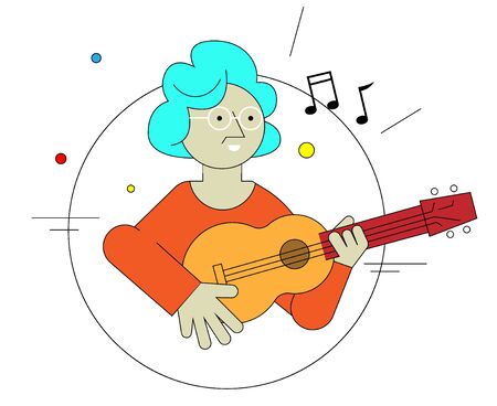 Happy joyful older woman playing ukulele instrument. Minimalistic illustration isolated on white background.のイラスト素材