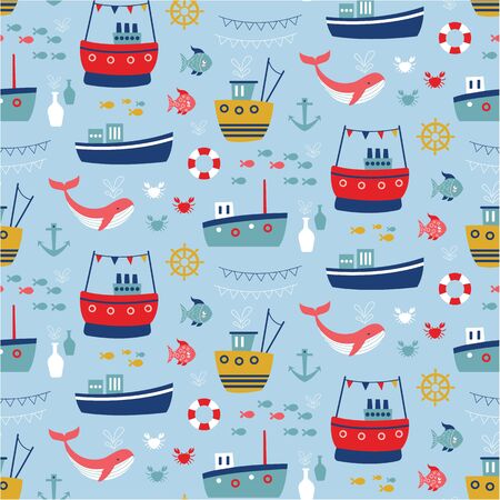 Marine kids pattern seamless hand drawn design . Kids home decoration series.のイラスト素材