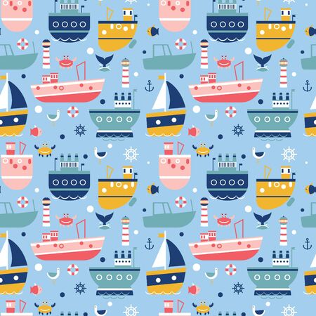 Ship pattern flat illustration. Children surface design and fabric pattern series.のイラスト素材