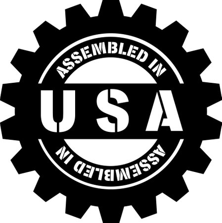 Assembled in USA black sign. Metal machine gear with words Assembled in USA on it. Production sign.のイラスト素材