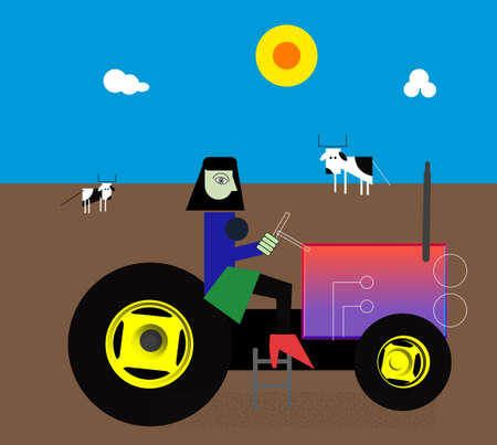 WOMAN on tractor farming girl with cows in backgroundの写真素材