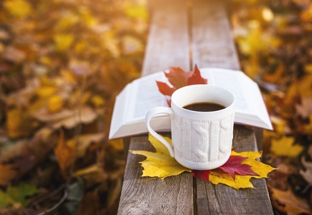 Hot coffee and red book with autumn leaves on wood background - seasonal relax concept.の写真素材