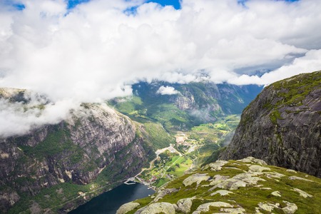 Cliffs in Majestic hanging stone, Kjerag. good weather in Norwayの写真素材