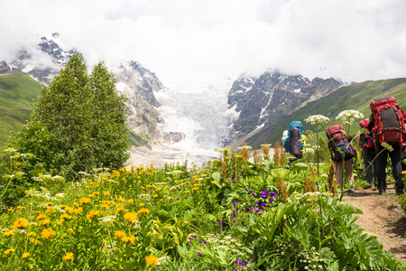 Hiking in beautiful mountains. Group of hikers enjoy sunny weatherの写真素材