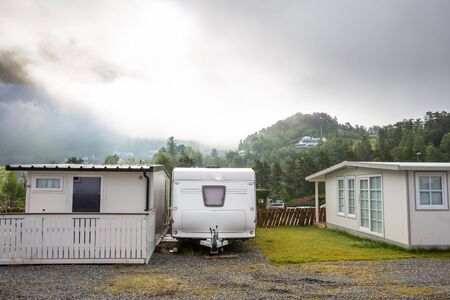 Motorhomes at campsite by the Geirangerfjord in Norway. Concept picturesの写真素材
