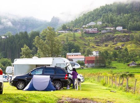 Motorhomes at campsite by the Geirangerfjord in Norway. Concept picturesの写真素材