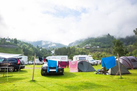Motorhomes at campsite by the Geirangerfjord in Norway. Concept picturesの写真素材
