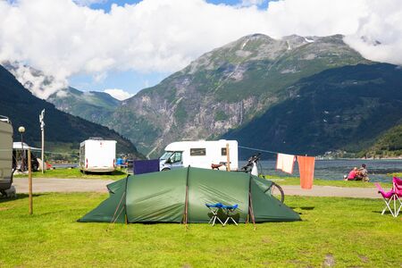 Motorhomes at campsite by the Geirangerfjord in Norway. Concept picturesの写真素材