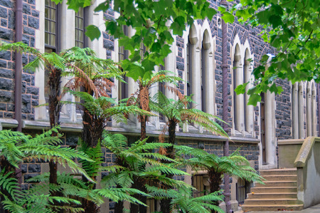 The blue stone wall of University of Otago in Dunedin on the South island of New Zealandの写真素材