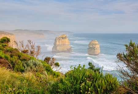 Two of the iconic  limestone stacks of the Twelve Apostles in the Port Campbell National Park - Great Ocean Road, Victoria, Australiaの写真素材