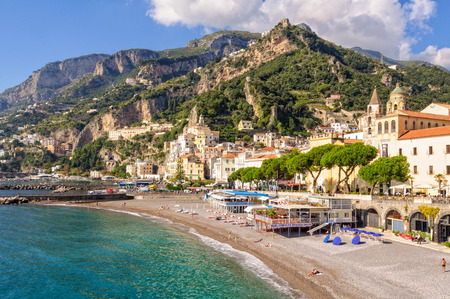 After the main tourist season just a few people relax and enjoy the mild autumn weather on the beach - Amalfi, Campania, Italy, 28 October 2011のeditorial素材