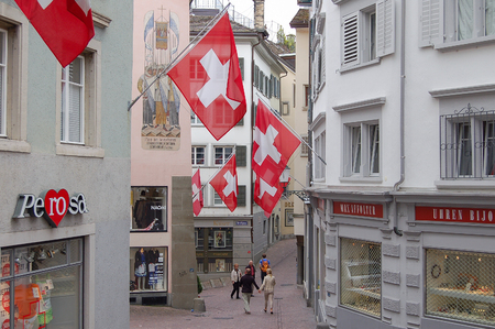 Pfalzgasse decorated with Swiss flags - Zurich, Switzerland, 13 July 2008のeditorial素材
