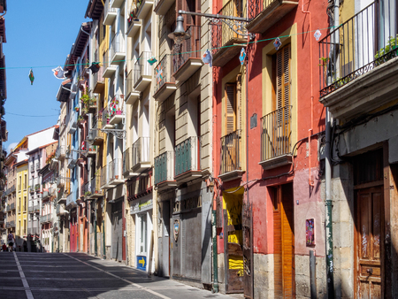 The colourful Calle del Carmen leads from the Portal de Francia to the city centre - Pamplona, Navarre, Spain, 4 September 2014のeditorial素材